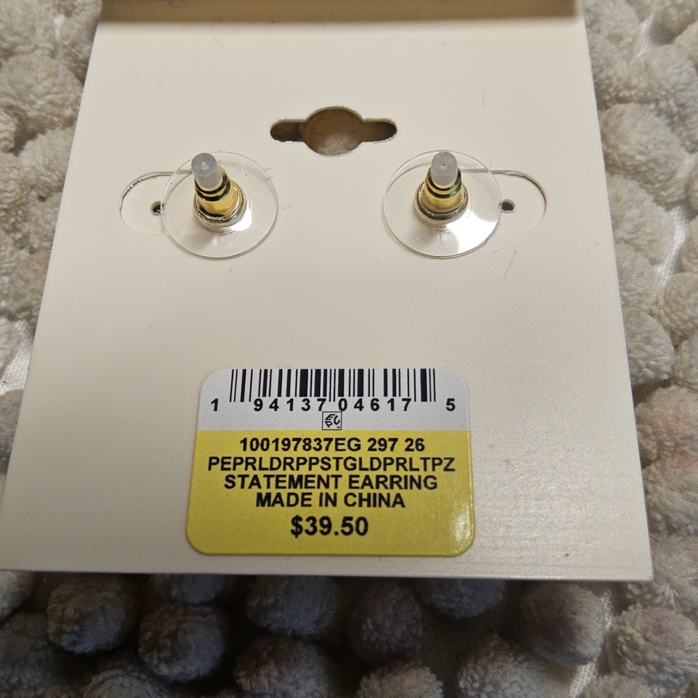 NWT ON 34TH Goldtone and White Pave Fireball and Imitation Pearl Drop Earrings - Picture 3 of 4